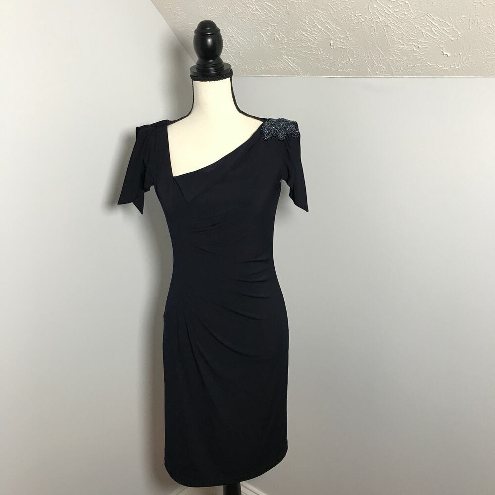 David Meister Dress 2 Navy Blue Beaded Asymmetrical Ruched Cocktail Sheath - Picture 3 of 10